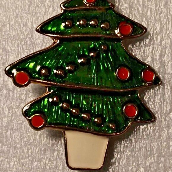 Christmas Tree Brooch Pin Green Red Holidays VTG - Picture 3 of 5